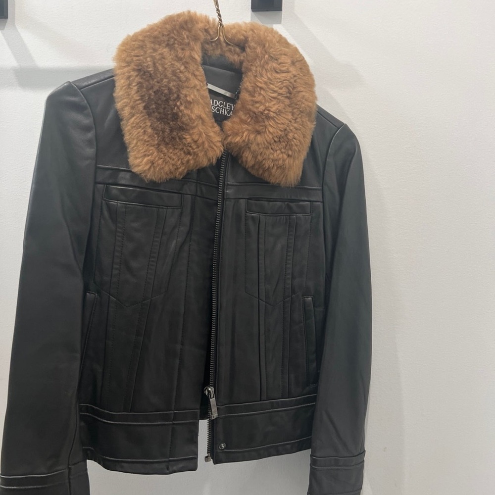 black badgley mischka leather jacket fur collar